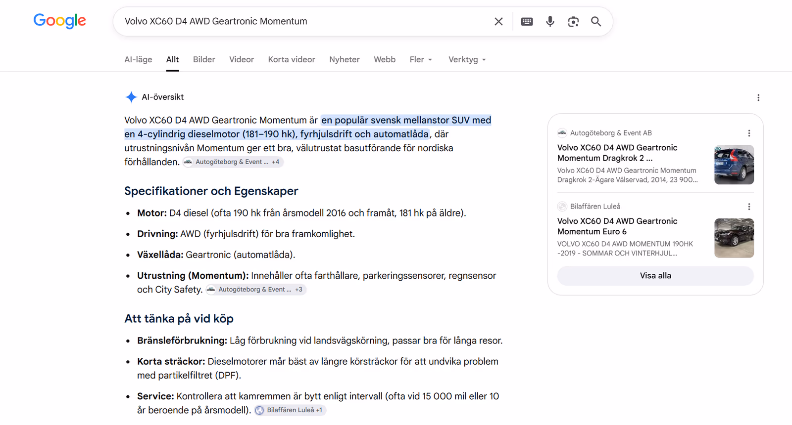En vanlig Google-sökning på en bilmodell, där bilen som visas i svaret kommer från en kunds hemsida byggd med Carostock