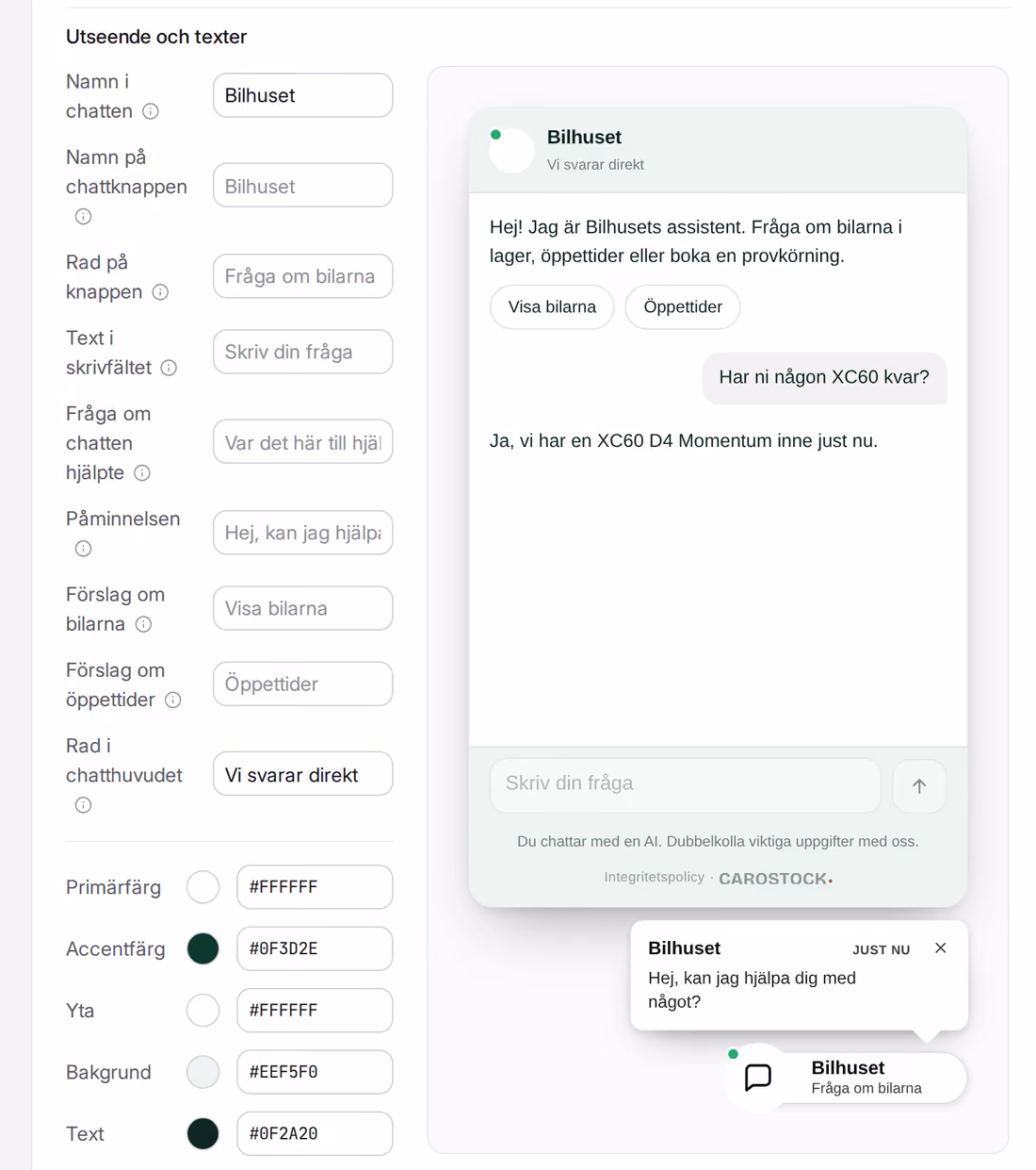 Inställningar för utseende och texter i Carostock Assist, med en levande förhandsvisning.