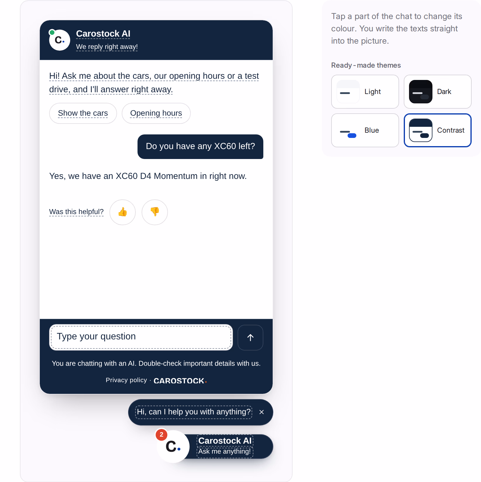 Appearance settings in Carostock Assist, with ready-made themes to pick beside the chat, which is edited in the picture itself.