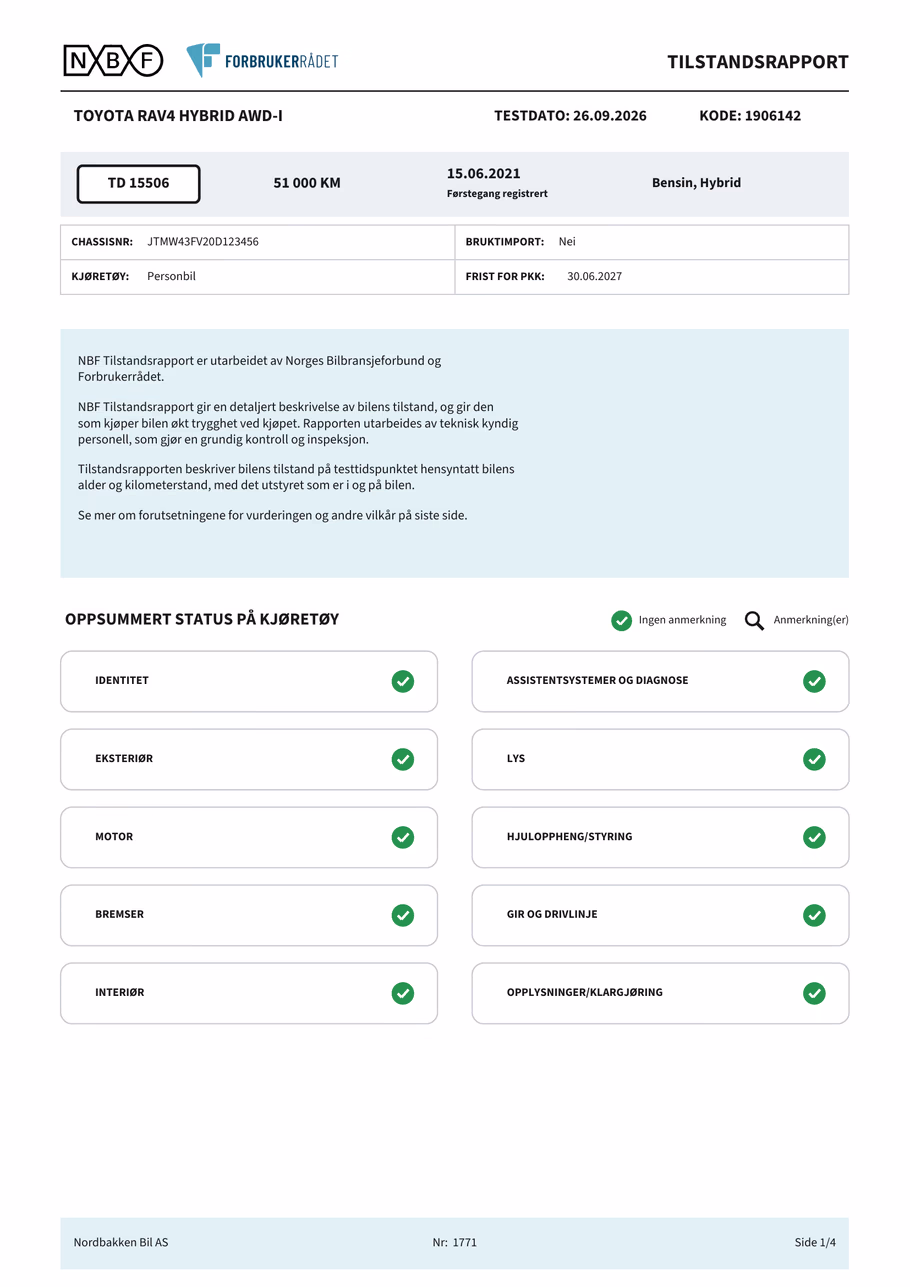 Tilstandsrapport for bruktbil, utfylt fra bilkortet