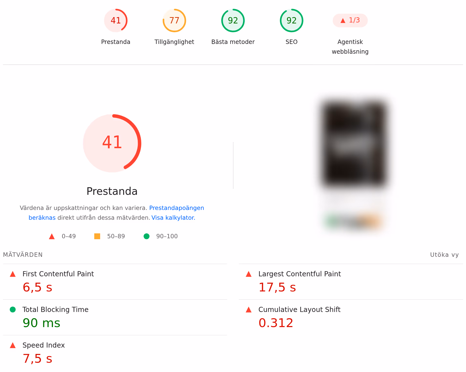 Googles PageSpeed-mätning på mobil: en Carostock-hemsida med prestanda 93 av 100 jämförd med en typisk bilhandlarsajt på 41